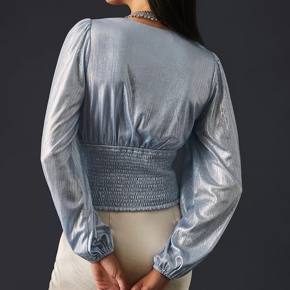 ANTHROPOLOGIE Shine Smocked V-neck Blouse Top Blue Size M NWT - Picture 8 of 9